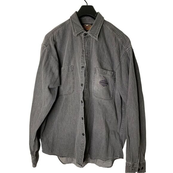 Harley Davidson 100% cotton denim button front shirt jacket gray men's size XL - Picture 1 of 6